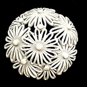Monet White Enamel Dome Brooch Pin Flower Power Bouquet Statement Vintage Summer